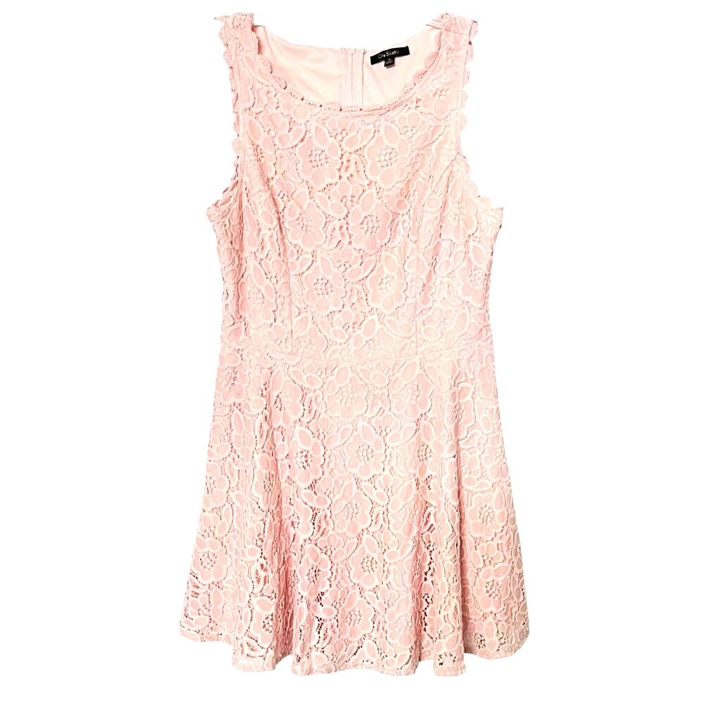 CITY STUDIO SLEEVELESS ROUND NECK MIDI LACE SKATER DRESS, JUNIOR, 15, PINK-LINED